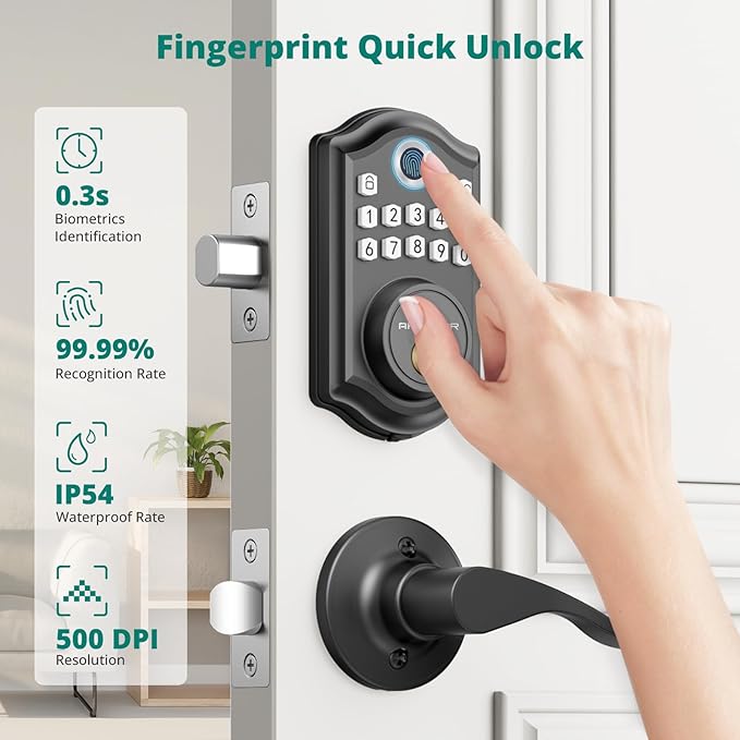 DS10 Keyless Entry Door Lock with 2 Lever Handle, Fingerprint, Keypad Code, 2 Keys, Smart Locks for Front Door, Bedroom, One-time Code, Auto-Lock, Easy Installation