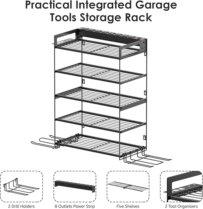 CCCEI Garage Tools Storage with Charging Station. Power Tool Battery Organizer Utility Shelf with Power Strip. 4 Drills Holder Wall Mount Rack, Black 5 Layer.