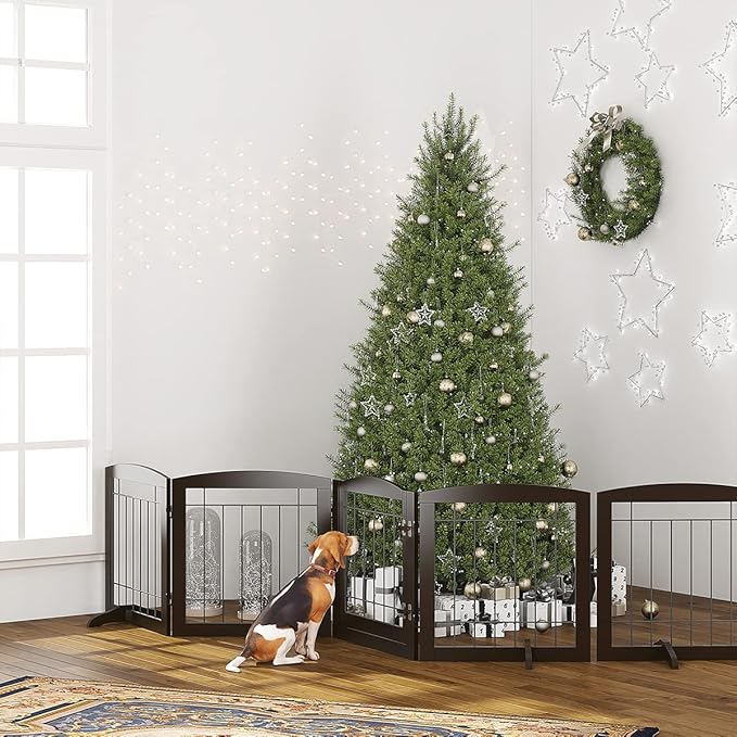 PAWLAND Freestanding Dog gate with Walk Through Door, Dog Gates for Doorways, The House, Stairs, 80" Wide Pet Puppy Safety Fence with Support Feet, 4 Panels, Espresso