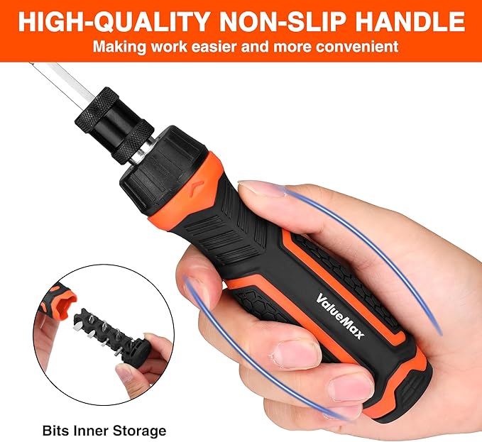 Valuemax Ratcheting Screwdriver, 9-In-1 Multi Screwdriver, Portable Ratchet Screwdriver Set, Adjustable Length, High-Strength Bits, Phillips, Slotted, Torx, Hex, Nut Driver
