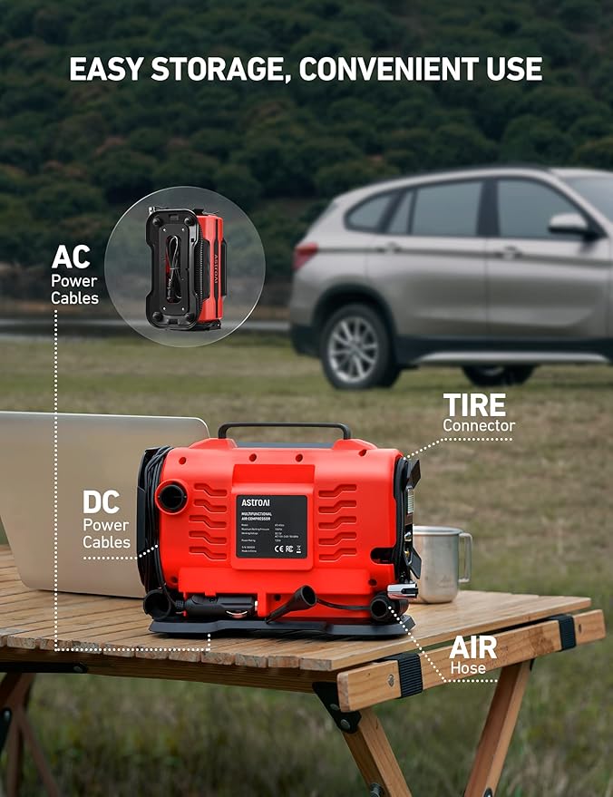 AstroAI Tire Inflator Portable Air Compressor Pump 150PSI 12V DC/110V AC with Dual Metal Motors &LED Light， Automotive Car Accessories&Two mode for car, bicycle tires and air mattresses, Red