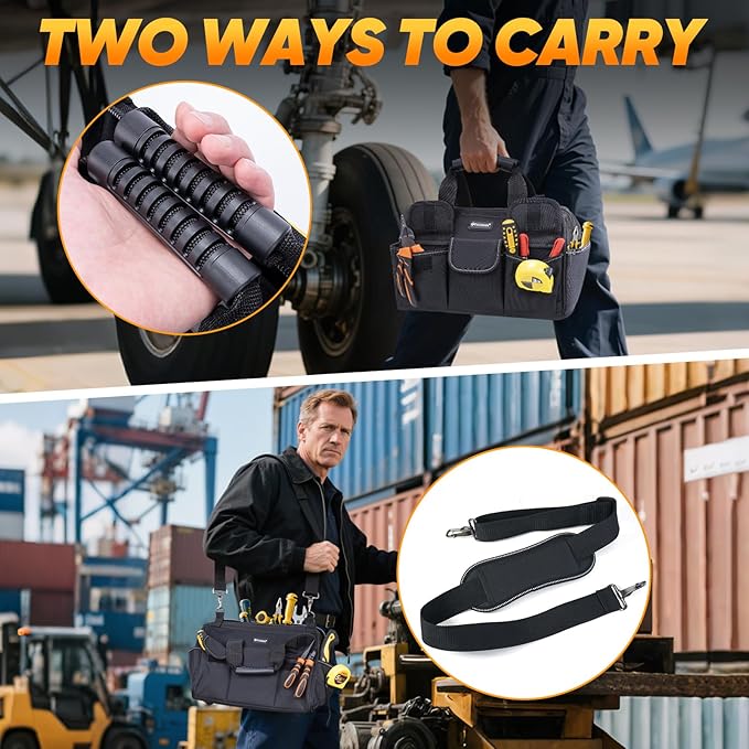 TICONN Heavy Duty Tool Bag with Multi-Pockets, Portable Tool Box Organizer Storage Bag, with Adjustable Shoulder Strap and Ergonomic Handle (Black, 16" Standard Base)