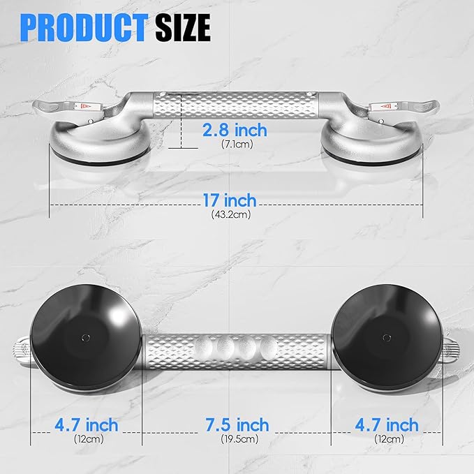 17 Inch Upgrade Strong Suction Grab Bars for Bathtubs and Showers, Seniors Handles for Elderly Handicap Safety Handrail for Bathroom Toilet Tiles Glass Silver
