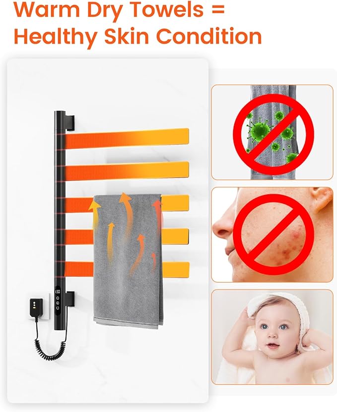Smart Heated Towel Rack, Black, Stainless Steel, Wall-Mounted, 16.46"L x 16.46"W x 26.57"H, Alexa Compatible, WiFi Remote Control, Touch Panel, 110V, IPX5, Hardwired & Plug-in