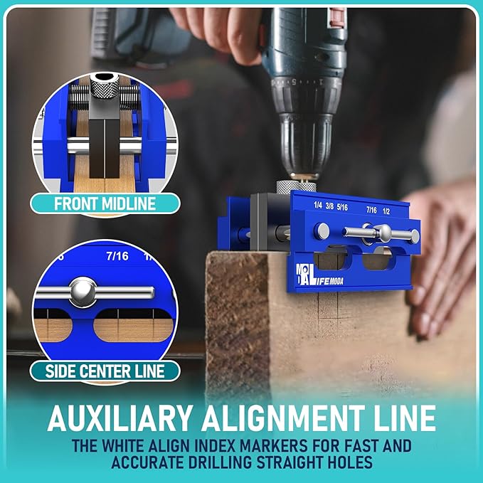 Self Centering Doweling Jig Kit, Drill Jig For Straight Holes Biscuit Joiner Set With 6 Drill Guide Bushings, Adjustable Width Drilling Guide Tool Accessory Jigs (Blue)