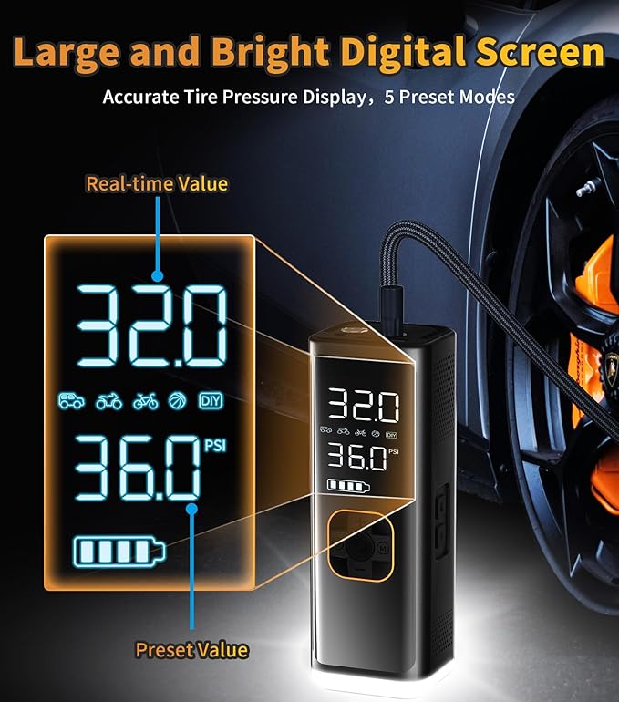 Tire Inflator Portable Air Compressor,12V DC Truck Air Pump for Car Tires,150PSI Portable Air Compressor with Pressure Gauge/LED Light,20000MAH Portable Tire Inflator for Car, Moto, Bike(Black)