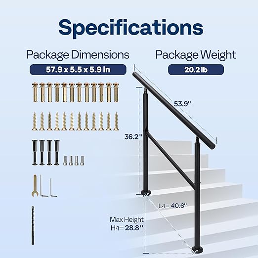 VIVOHOME 2-Pack 4 Step Hand Rails for Outdoor Steps, Galvanized Steel Railing, Black Round Exterior Handrails for Porch, Deck, or Indoor Stairs, Complete Installation Kit