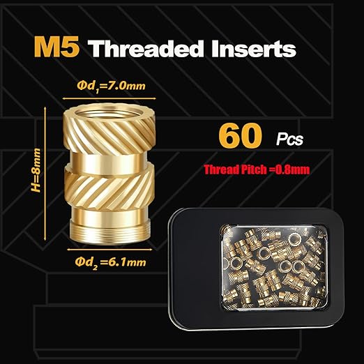 Kadrick 60Pcs M5 Threaded Inserts for 3D Printing Components,M5*H8*D7 Metric Brass Knurled Nuts, Insert by Heat into Plastic Parts