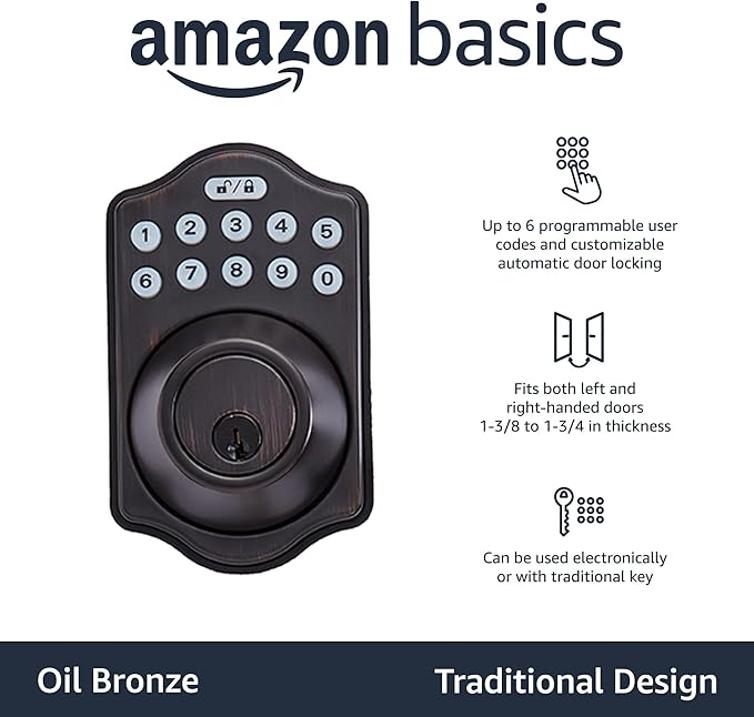 Amazon Basics Electronic Keypad Deadbolt Door Lock with Touch-Control Keyless Entry Door Lock, Keyed Entry Option, Traditional, Oil Bronze, 1-Pack