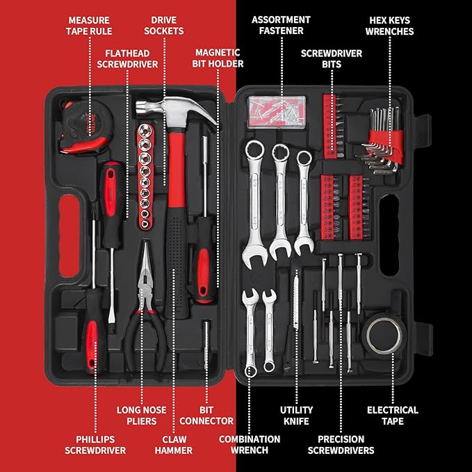 149-Piece General Hand Tool Kit - Essential Home Toolkits with Plastic Toolbox Storage Case for all Purpose, Complete Tool Set for Men, College Students, Dorm, DIY Enthusiast (Red)