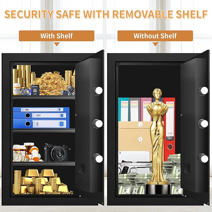 5.3 Cuft Safes for Home Use Fire and Water proof, Anti-Theft Large Lock Box, Fire Safe Box With Digital Keypad & 3 Removable Shelves and Led Light, Money Safes for Home Documents Valuables