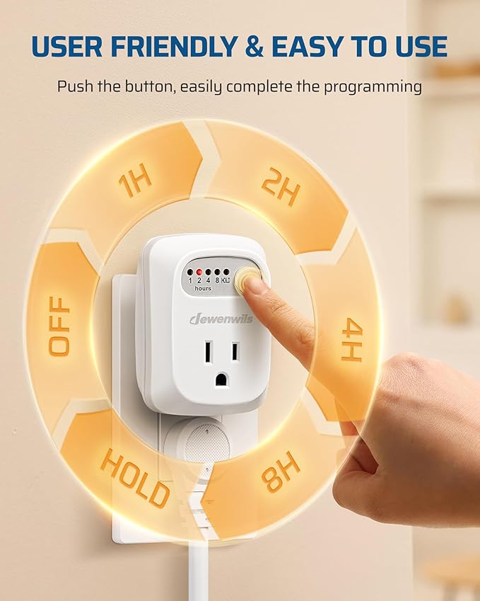 DEWENWILS Indoor Countdown Timer Outlet, Timers for Electrical Outlets, 125V/15A/1000W Auto Shut Off Safety Outlet, One 3-Prong Grounded Outlet, Light Timers, 1/3 HP, UL Listed