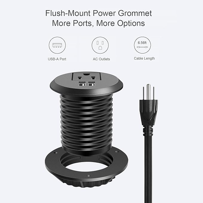Jgstkcity Desktop Power Grommet, 2 inch, Black, 1 AC Outlet and 2 USB Ports, 6.56ft Cable, Fire Resistant Outer Shell