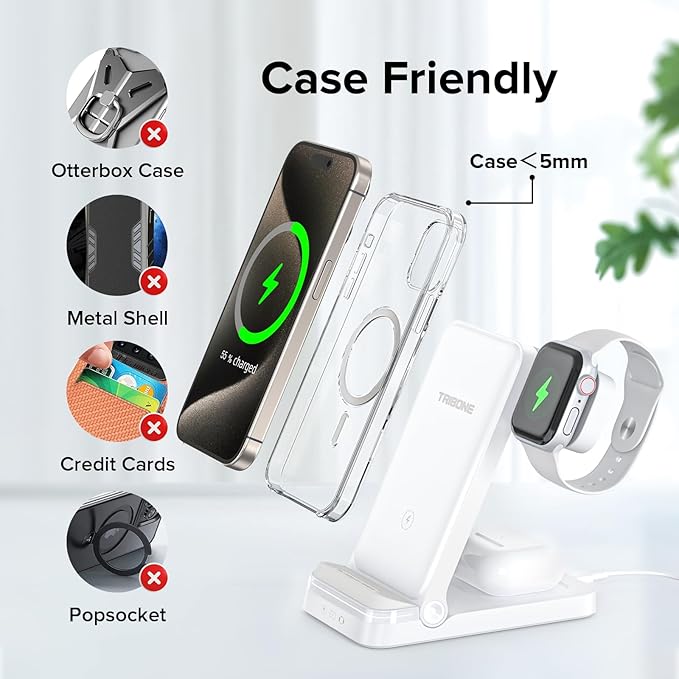 Wireless Charger, Tribone 3 in 1 Foldable Fast Charger for iPhone 16 15 14 13 12 11 Pro Max XR XS 8 Plus,for Multiple Devices，for Apple Watch 10 9 8 7 6 5 4 3 2 SE Ultra,for AirPods Pro 4 3 2 (White)