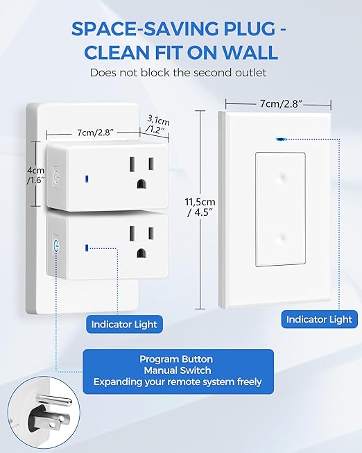 Mini Remote Control Outlet Wireless Light Switch, Programmable and Removable Remote Outlet Switch Kit for Lamps, Fan, Home Appliance, 100ft RF Range, No Wiring, FCC Listed W08RC1106