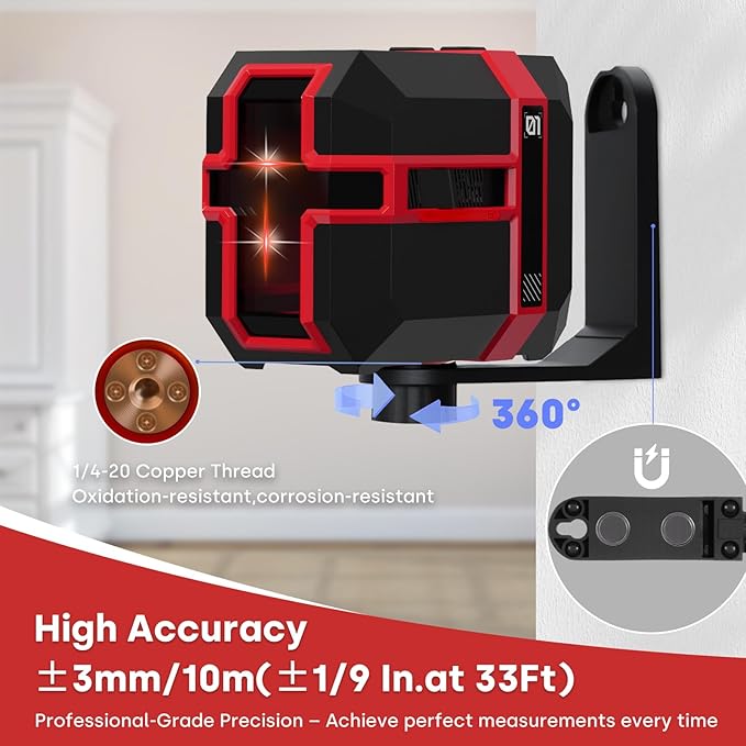 Red Laser Level Type-C Rechargeable Self Leveling Cross Laser Line with Pulse Mode, 360°Magnetic Bracket for Floor Tiles Construction Home Decoration etc.
