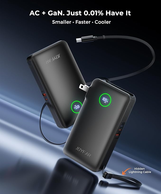 Portable Charger Power Bank - Battery Pack 35W AC Plug GaN 10000mAh Built in Cable USB C Phone Fast Charging Powerbank Compatible with iPhone 16 15 14 13 12 11 X iPad MacBook Samsung (Black)