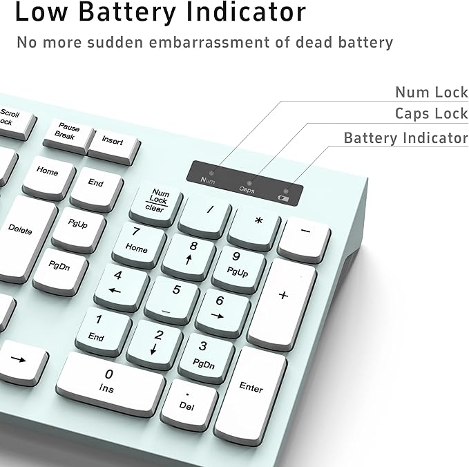 Wireless Keyboard and Mouse Combo, Full-Sized Wireless Keyboard and Adjustable DPI Mouse, 2.4GHz USB Receiver, Wireless Keyboard and Mouse for PC, Windows, Desktop, Laptop (Mint Green and White)