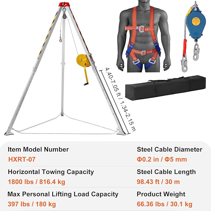 VEVOR Confined Space Tripod Kit, 1800 lbs Winch, Confined Space Tripod 7' Legs and 98' Cable, Confined Space Rescue Tripod 32.8' Fall Protection, Harness, Storage Bag for Traditional Confined Spaces