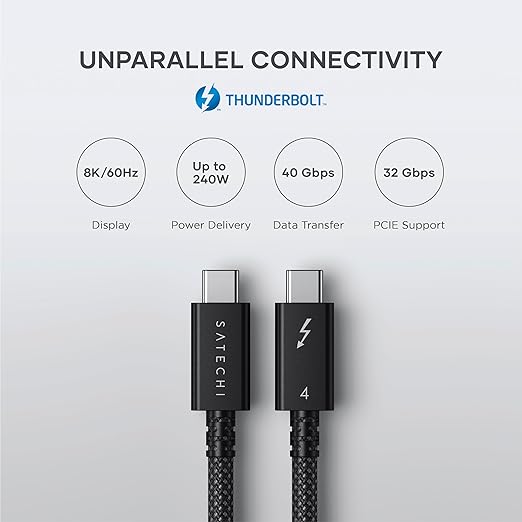 Satechi USB C Thunderbolt 4 (3.2ft/1m), USBC to USB-C Cable, Supports 8K Display, 40Gbps Data Transfer, 240W PD Charging, for iPhone 15 Pro, MacBooks, iPad Pro (Intel Thunderbolt Certified)