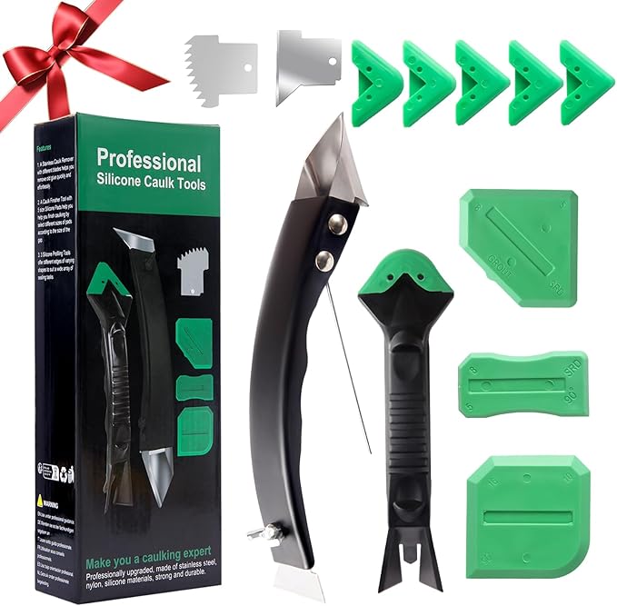 Caulk Remover and Finishing Tool Set – Metal Caulk Scraper with Replaceable Sharp and Serrated Blades, 5 Replaceable Silicone Finishing Pads, 3 Silicone Finishing Tools, DIY Home Repair Kit