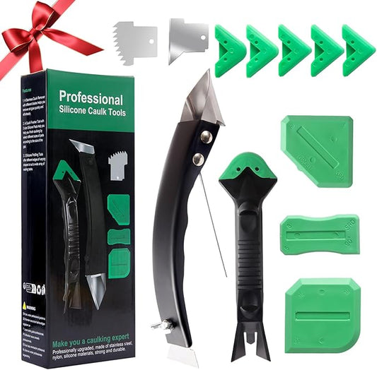 Caulk Remover and Finishing Tool Set – Metal Caulk Scraper with Replaceable Sharp and Serrated Blades, 5 Replaceable Silicone Finishing Pads, 3 Silicone Finishing Tools, DIY Home Repair Kit