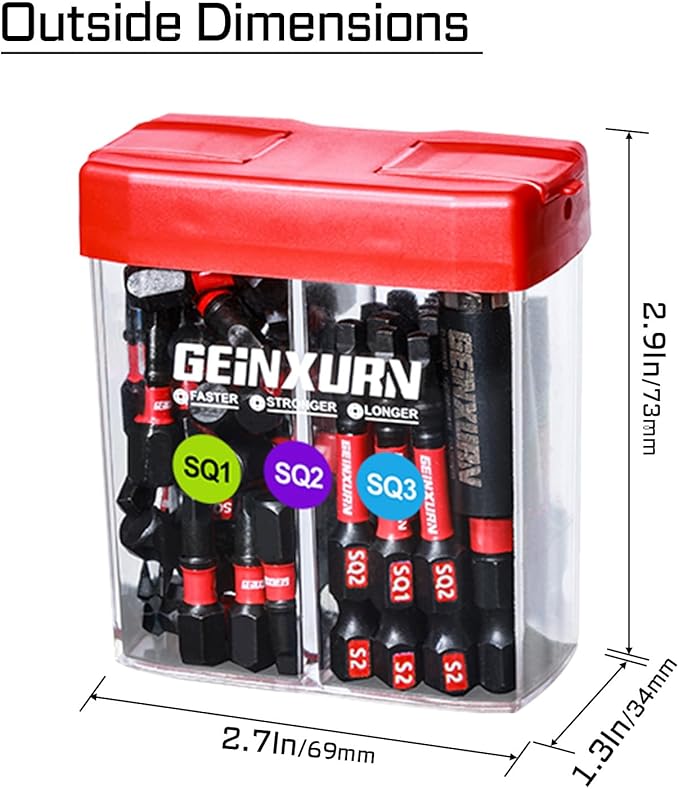 Impact Square Screwdriver Bits Set,43 Pcs Magnetic (SQ1/SQ2/SQ3) S2 Steel Multi Driver Bits Tips with Storage Colorful Box