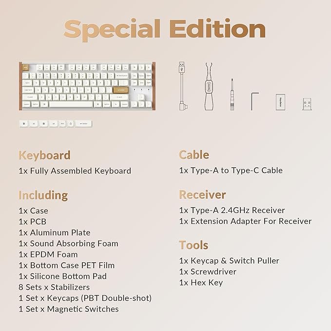 Keychron K8 HE TKL Wireless Bluetooth 2.4G Wired Triple Mode Hot Swappable Hall Effect Keyboard with QMK VIA Aluminum+Wood Frame Rapid Trigger for Mac Windows Linux-White