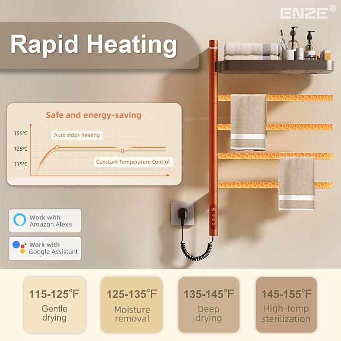 ENZE Smart Rotating Heated Towel Rack for Bathroom, Wall-Mounted Electric Towel Dryer with Swivel Bars & Shelf, Smart Timer, Low Carbon Steel, Plug-in/Hardwired, Towel Warmer with Wi-Fi App Control