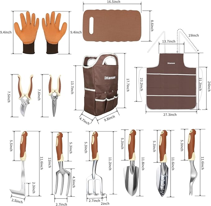 Brown Gardening Tools Set 12-Piece, Garden Hand Tool Kit with Non-Slip Ergonomic Handle, Storage Tote Bag, Garden Apron, Gloves and Kneeling Pad, Gardening Gifts for Women Men Plant Lover