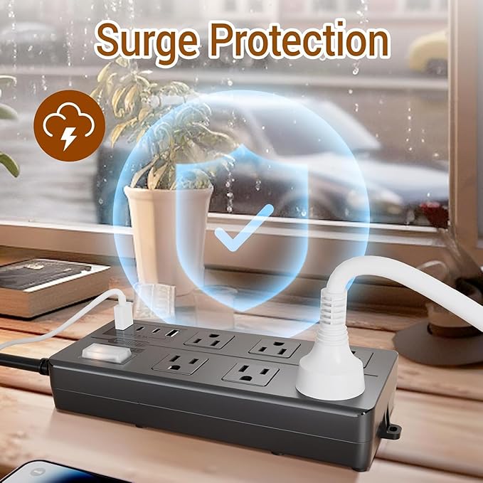 IPX6 Outdoor Power Strip Weatherproof, Waterproof Surge Protector with 6 Wide Outlet with 2A2C USB Ports, 15FT Long Extension Cord, Wall Mountable for Outside Decorations and More UL Listed(Black)