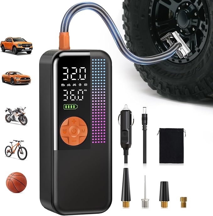 Portable Tire Inflator Air Compressor, 150 PSI Cordless Air Pump, 6000mAh Battery & 12V Car Outlet, Digital Pressure Gauge, Auto Shut-Off, Fast 24L/Min, LED Light, 4 Preset Modes for Car, Bike, Balls