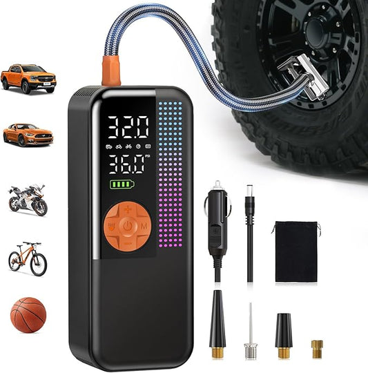Portable Tire Inflator Air Compressor, 150 PSI Cordless Air Pump, 6000mAh Battery & 12V Car Outlet, Digital Pressure Gauge, Auto Shut-Off, Fast 24L/Min, LED Light, 4 Preset Modes for Car, Bike, Balls