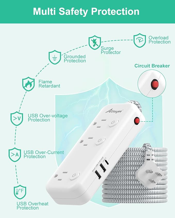 Individual Switch Power Strip Surge Protector with 6 Outlets 3 USB(17W USB C), 5Ft Braided Cord Ultra Thin Flat Plug, 13A Wall Mount Extension Cord with Circuit Breaker for Travel Home Office Dorm