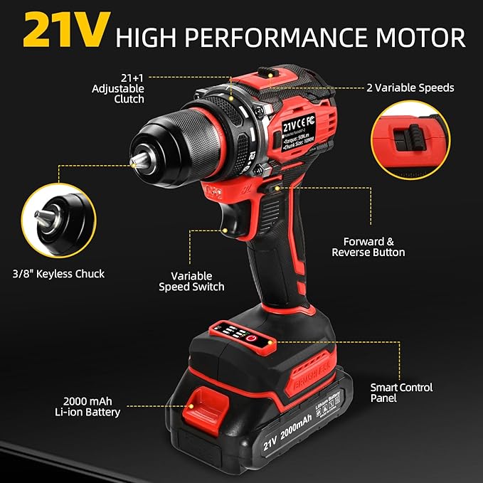 21V Cordless Power Drill/Driver Set, 2 Variable Speeds with LED Light, 3/8" Keyless Chuck, 2 Batteries & Charger, 28-Piece Kit for Home Use（Red)