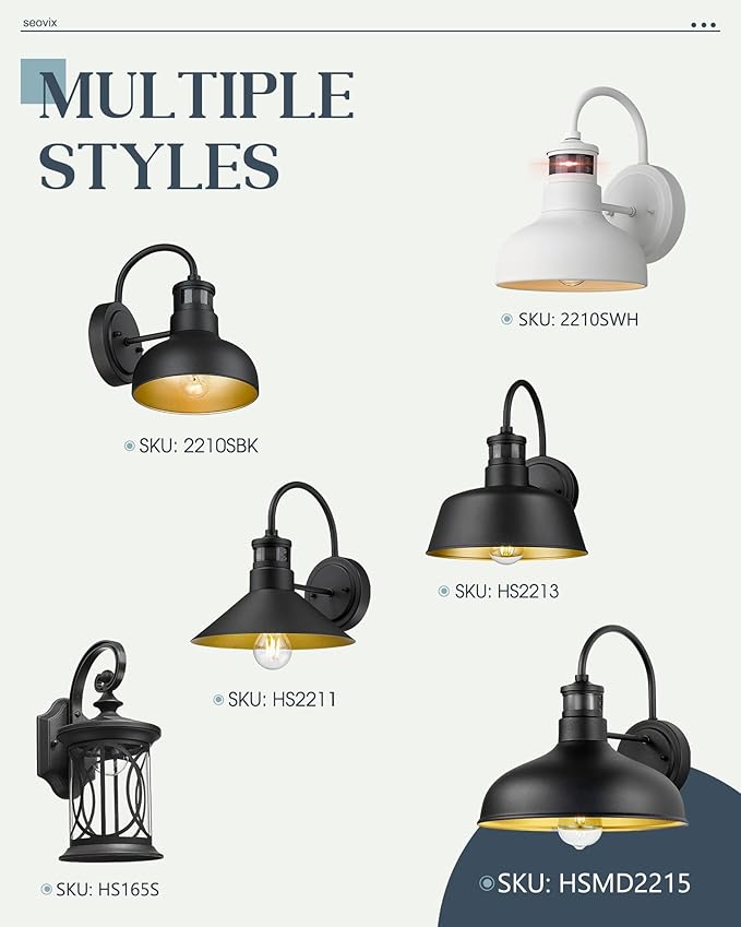 7“ Motion Sensor Outdoor Lights, Outdoor Light Fixture Dusk to Dawn with E26 Base Socket, IP65 Waterproof Outside Wall Light for Barn, Balcony, Entrance, Front Door, Porch, 2210SBK(G)-1