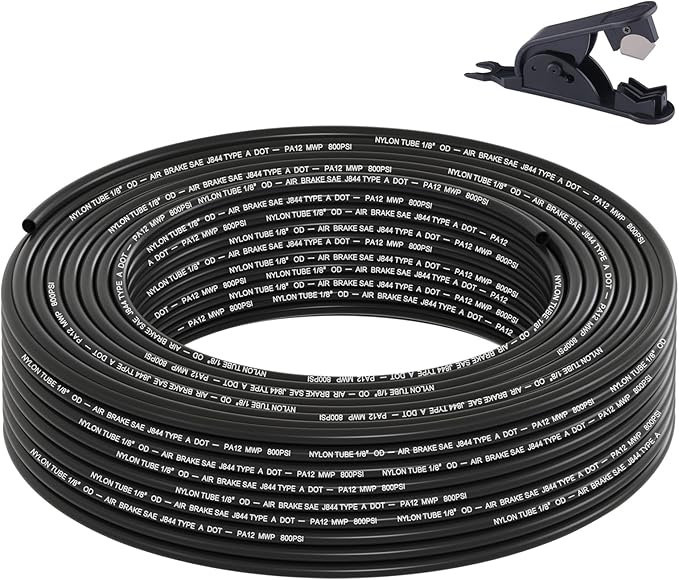 100FT 1/8 DOT Air Line SAE J844 PA12 Nylon Air Hose with Cutter 1/8” OD Pneumatic Tubing DOT Approved 1/8 Air Brake Hose for Air Suspension Kit Truck Trailer Brake System & Fluid Transfer 30.5m