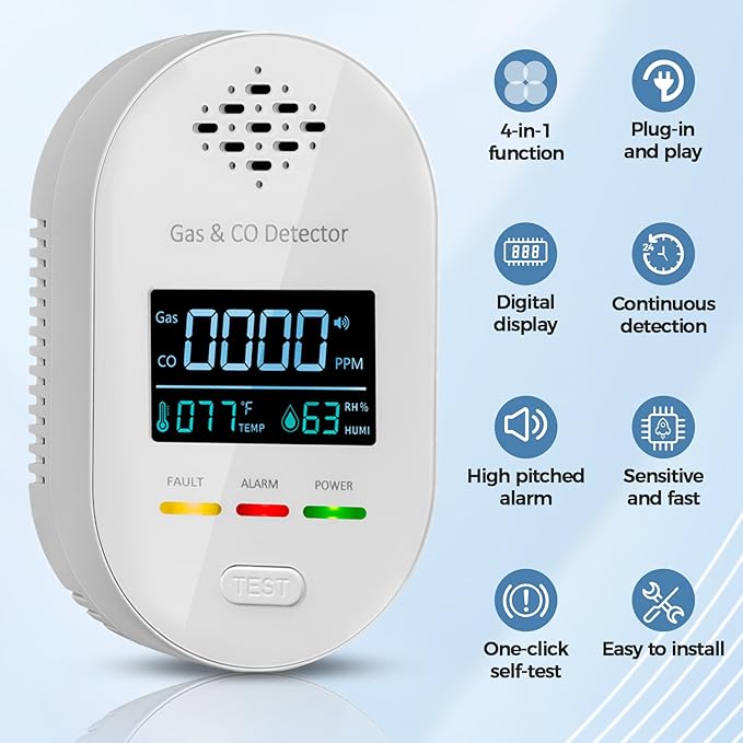 Carbon Monoxide Detectors,Plug in CO and Natural Gas Detector, Combination Gas & Carbon Monoxide Detectors for Travel with Temperature Humidity Display, 4 in 1 CO & Gas Detector for Home/Travel
