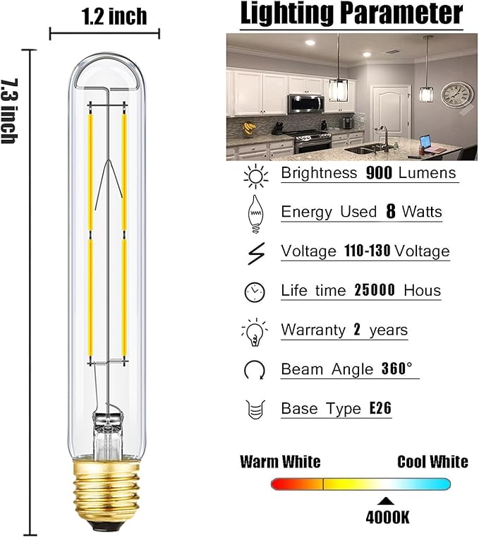 Leools Dimmable E26 Edison Bulb 8W Equal 75 watt Light Bulb AC120V Daylight 4000K Edison Light Bulbs 75 Watt 800LM Tubular T10 led Bulb for Rustic Pendant,Chandeliers,Wall sconces,Vanity 6Pack