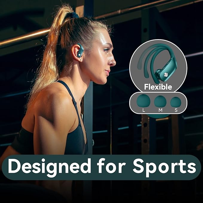 bmani Wireless Earbuds Bluetooth Headphones 48hrs Play Back Sport Earphones with LED Display Over-Ear Buds with Earhooks Built-in Mic Headset for Workout Green