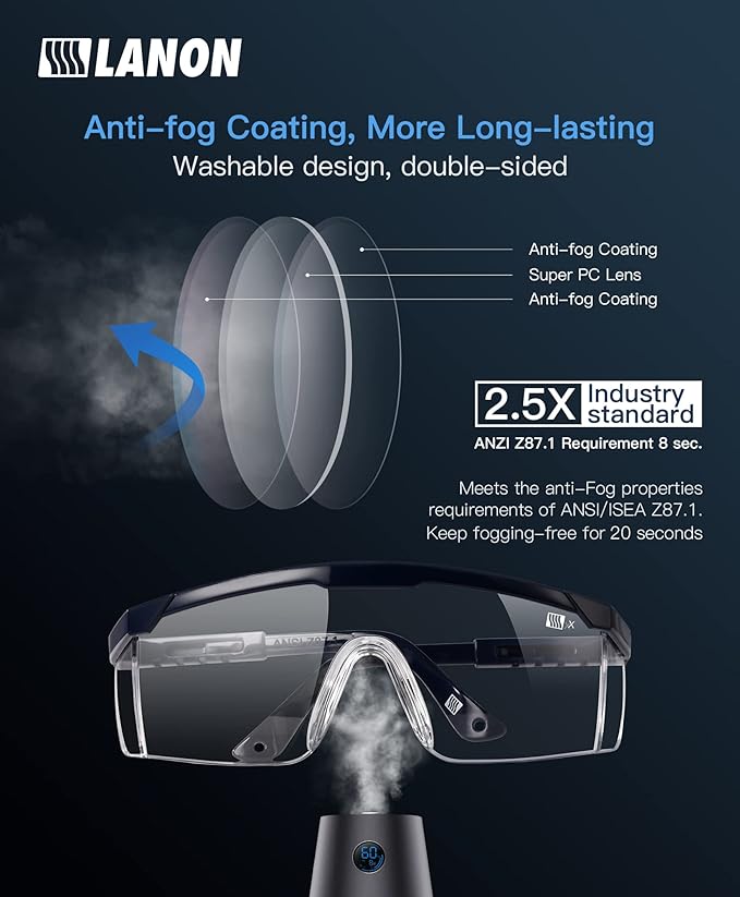 LANON 3 Pack Anti-Fog Safety Goggles with Ajustable Temples, 2.5 Times ANSI Z87.1 Double-sided Antifog, Side Protection, High Transmission, Lightweight