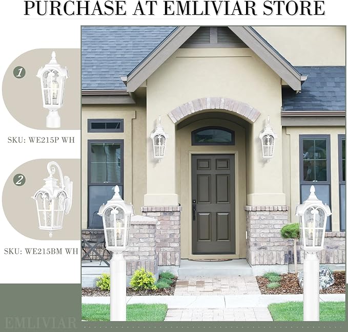 Emliviar 1-Light Modern Outdoor Porch Light Fixture, 25 Inch Large Exterior Wall Light, Die-Cast Aluminum with Water Grain Glass, White Finish, WE215BM WH