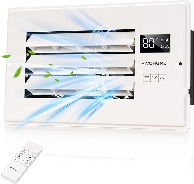 VIVOHOME 6'' x 10'' Opening Register Booster Fan with Adjustable Wind Direction Louver, Smart Intelligent Thermostat & 10-Speed Remote Control - 11.6" x 7.5" Vent Cover for Room, Floor, Wall - White