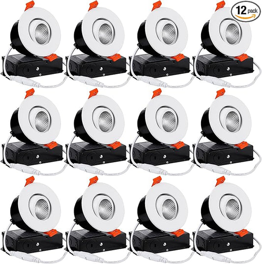TORCHSTAR 12-Pack 3 Inch Gimbal LED Recessed Light with Junction Box, 7W CRI90+ Dimmable Adjustable Eyeball Canless LED Downlight, 4000K Cool White, Airtight IC, ETL