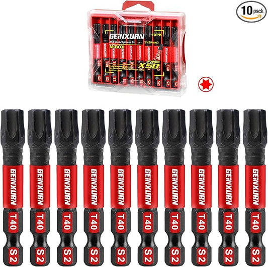 10Pieces 2 In. T40 Impact Tough Magnetic Screwdriver Bit Set, #40 Torx Head Power Bits, S2 Alloy Steel Star Bits with Storage M-Box