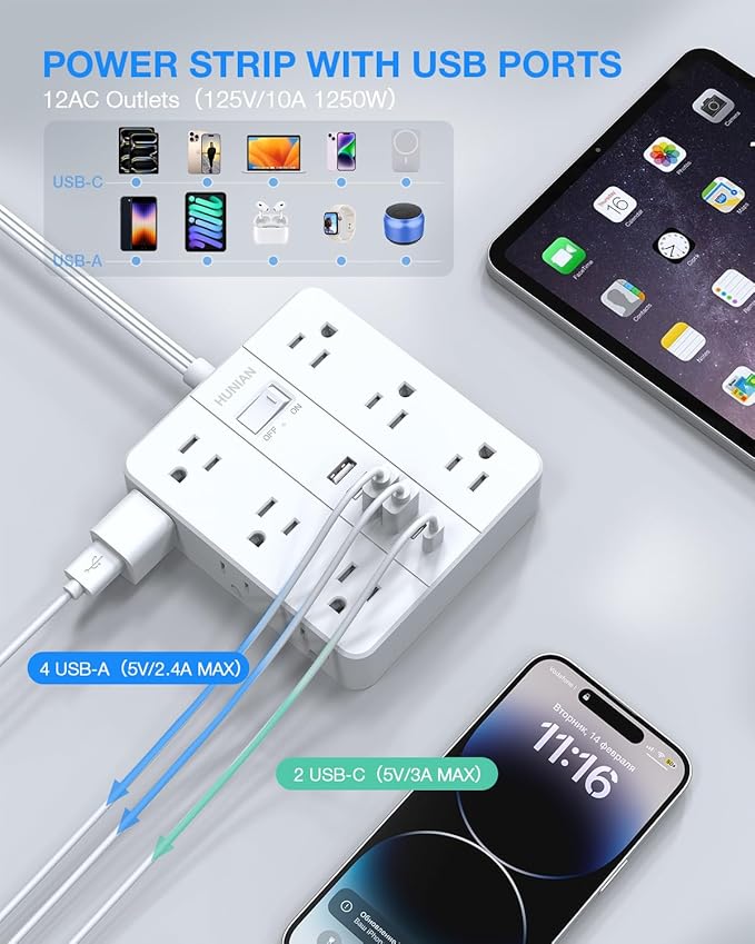 Extension Cord 25 Ft, HUNIAN Flat Plug Power Strip Surge Protector, 12 Widely Spaced Outlets with 6 USB Charger (2 USB C Ports), Desk Charging Station for Home Office Supplies, Dorm Room, White