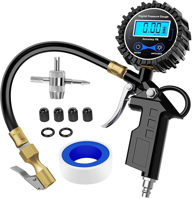 Nilight 50026R Digital Tire Inflator Pressure Gauge,250 PSI Air Chuck and Compressor Accessories Heavy Duty with Rubber Hose Quick Connect Coupler for 0.1 Display Resolution