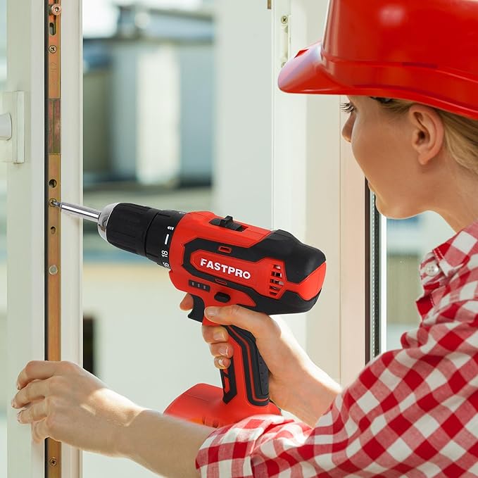 FASTPRO 232-Piece 20V Cordless Lithium-ion Drill Driver & Home Tool Set, Household Repairing Tool Kit with Drill, 12-Inch Wide Mouth Storage Tool Bag, Red