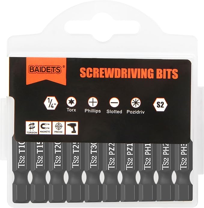 Pro Screwdriver Bit Set - 10 Piece (Torx T10/T15/T20/T25/T30, Phillips PH1/PH2/PH3, Pozi PZ1/PZ2), 50mm, 1/4" Hex Shaft, Storage Box