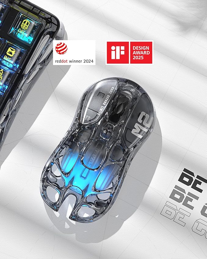 GravaStar Mercury M2 Wireless Gaming Mouse with 26,000 DPI, PAW3395DM Sensor -79g Lightweight Hollowed-Out Design -5 Programmable Buttons -5 Dynamic Lightsync RGB - Transparent Black